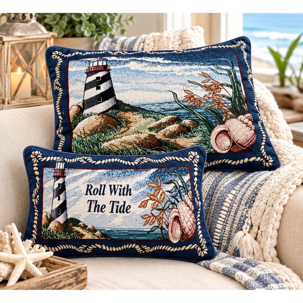 Coastal Lighthouse Tapestry Accent Pillows Set of 2 Roll With The Tide Navy Blue